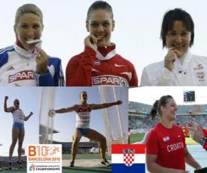 пазл Сандра Перкович чемпион в метании диска, а также Джоанна Вишневска Nicoleta Grasu (вторая и третья) Европейской Барселона по легкой атлетике 2010